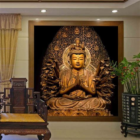 Golden Buddha Buddhist Temple Mural Custom Large Living Room Screen