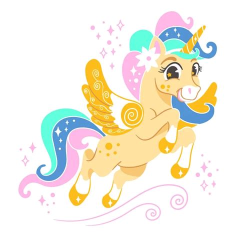 Lindo Personaje Dibujos Animados Unicornio Con Arco Iris Prado