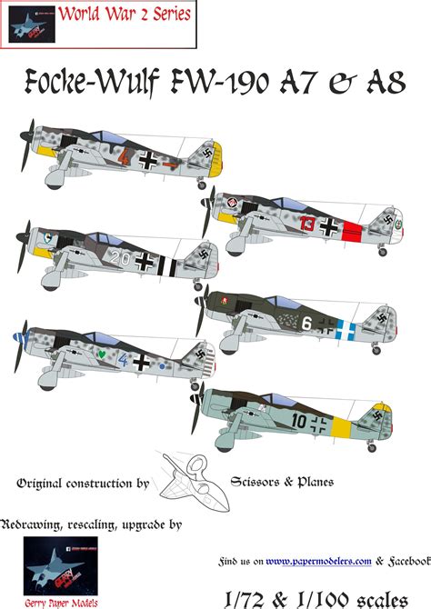 1 72 And 1 100 Focke Wulf FW 190 A7 A8 6 Kit Bundle Paper Model