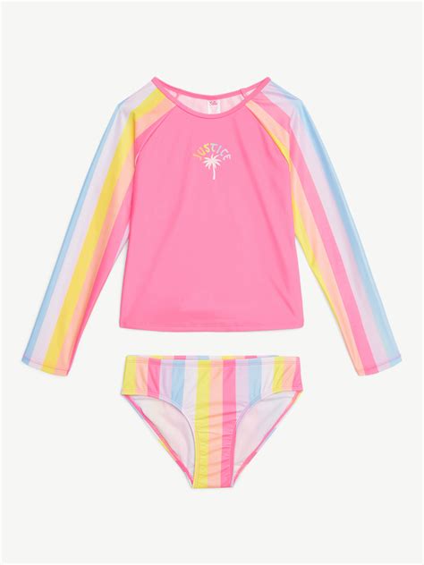 Justice Girls Long Sleeve Rashguard With Bikini Bottom 2 Piece Swimsuit Sizes 5 18