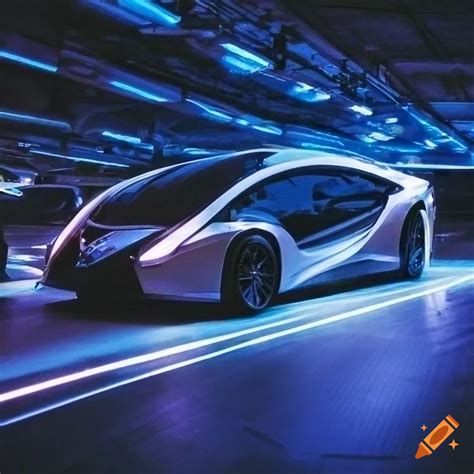 Futuristic White Car Parking Lot With Blue Neon Lights On Craiyon