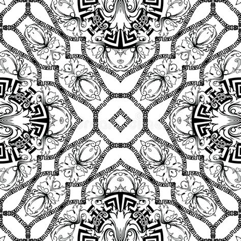 Greek Black and White Seamless Pattern. Abstract Floral Damask ...