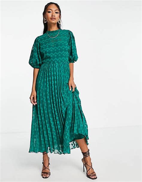 Asos Design High Neck Pleated Chevron Dobby Midi Dress With Puff Sleeve In Forest Green Asos