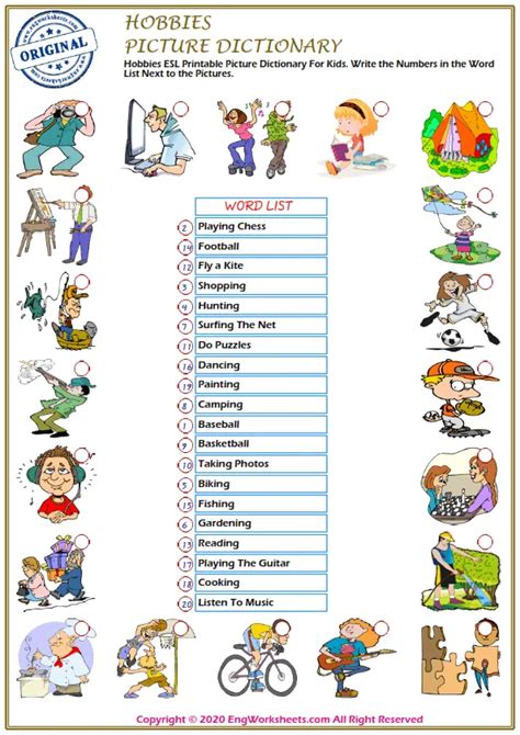 Hobbies Printable English Esl Vocabulary Worksheets Engworksheets