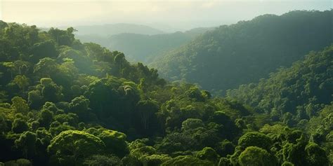 Aerial View Of Misty Rainforest On A Sunny Day With Towering Trees