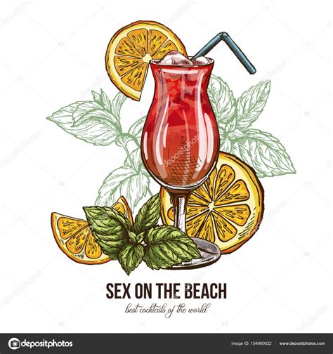 Cóctel Sex On The Beach Con Rodajas De Menta Y Naranja Vector Gráfico