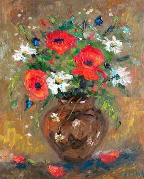 Original Oil Painting Flowers Floral Poppy Still Life Artwork Signed