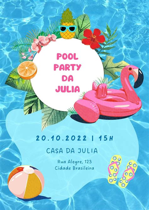 Convite de Aniversário editável Festa na Piscina Azul Convites pool