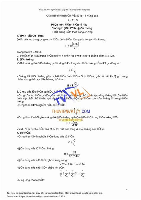 [doc] Câu Hỏi Trắc Nghiệm Vật Lí 11 Nc Nguyễn Ngọc Tú Thư Viện Vật Lý