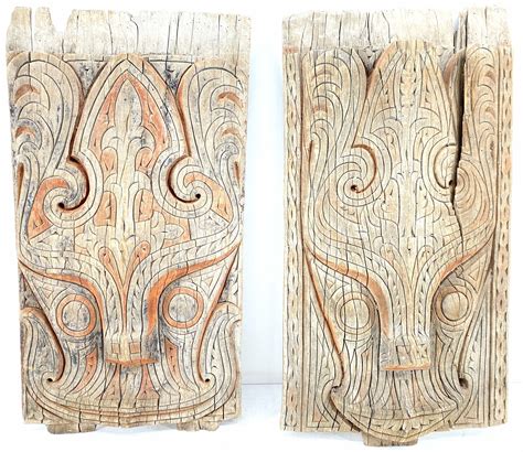 Lot 2pc Vintage Tongan Wood Carved Tiki Panels