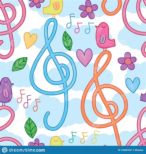 Music Note Bird Stand Watercolor Seamless Pattern Stock Vector