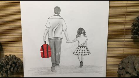 Fathers Day Drawing Father And Daughter Going To School Step By Step Pencil Sketch Drawing