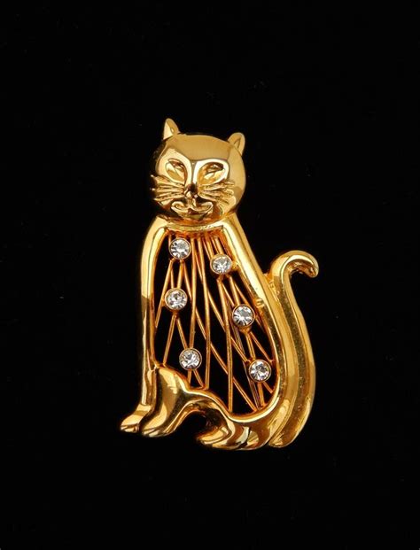 Gold Cat Pin Gold Tone Cat Brooch Openwork Rhinestone Cat Pin Cat