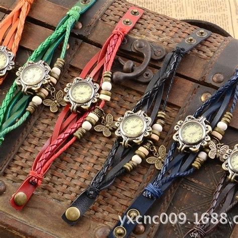 Womens Casual Vintage Multilayer Wristwatch Weave Wrap Rivet Leather