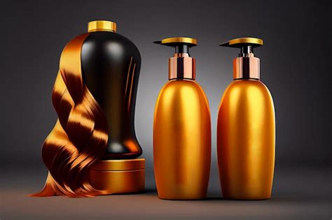 Premium Photo Gold Shampoo And Gel Bottles And Hair Wig Hair Cosmetics For Bath Treatments