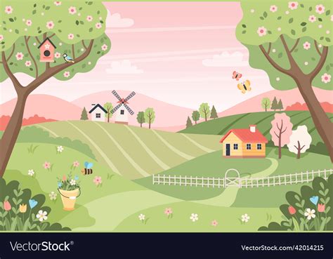 Spring Landscape With Trees Fields Houses Vector Image