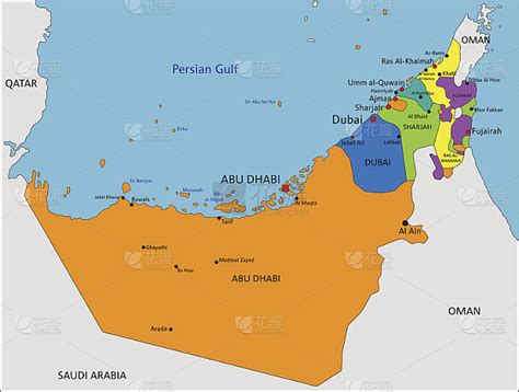 彩色的阿拉伯联合酋长国政治地图上有清楚的标注。