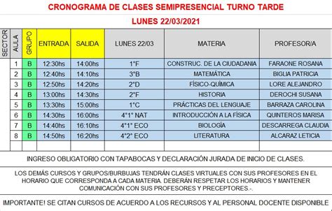 CRONOGRAMA DE CLASES SEMIPRESENCIAL TURNO TARDE DEL DÍA LUNES 22 03