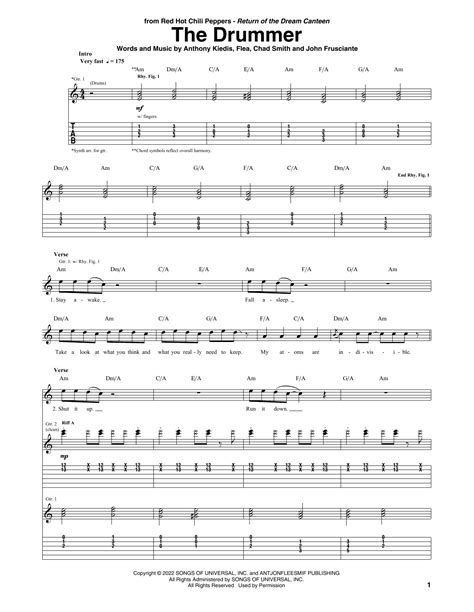 The Drummer By Red Hot Chili Peppers Sheet Music For Guitar Tab At Sheet Music Direct