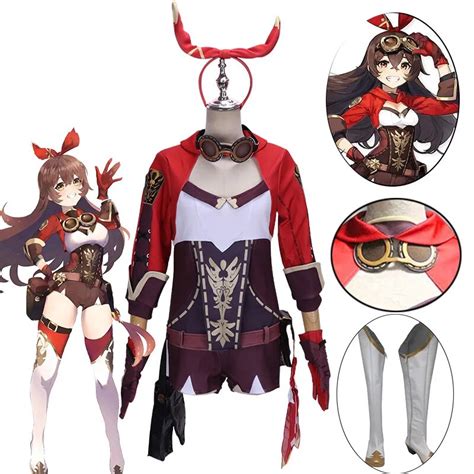 Anime Game Genshin Impact Amber Cosplay Costume Women Girls Red Suit