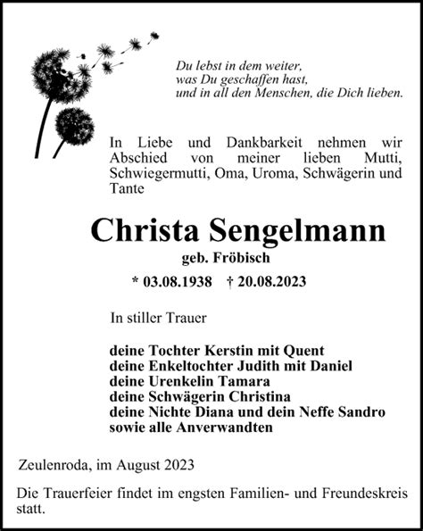 Traueranzeigen Von Christa Sengelmann Trauer In Thueringen De