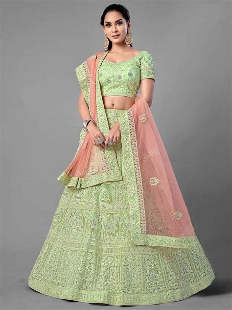 Pista Green Colour Net Fabric Engagement Lehenga Choli