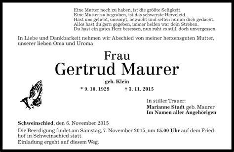 Traueranzeigen Von Gertrud Maurer Rz Trauer De