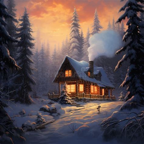 A Cozy Cabin in a Snowy Forest, Smoke Rising from the Chimney, Warm ...