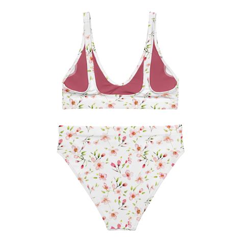 Floral Print High Waisted Two Piece Bikini Set Cherry Blossoms Womens