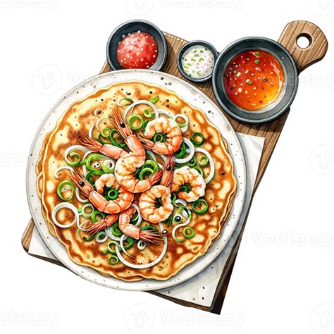 Watercolor illustration of Haemul pajeon seafood scallion pancakes with ...