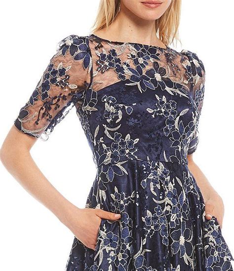 Eliza J Illusion Boat Neck Short Sleeve Sequin Embroidered Floral Lace