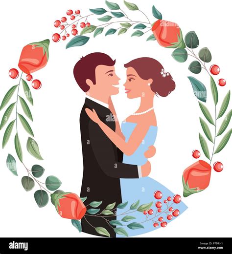 Braut Und Bräutigam Ihre Erste Tanz Hochzeit Auf Rahmen Blumen Portrait Vector Illustration