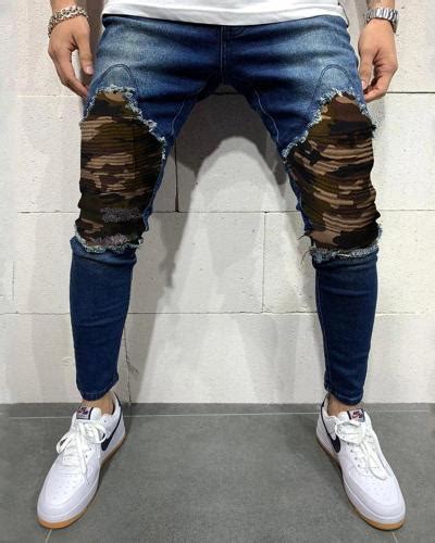 Us 38 99 Men S Ripped Jeans Slim Fit Camouflage Printed Pants Distressed Tapered Leg Jeans