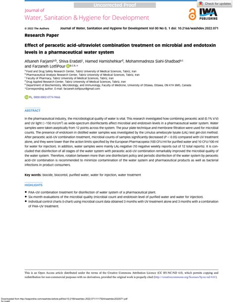 PDF Effect Of Peracetic Acidultraviolet Combination Treatment On