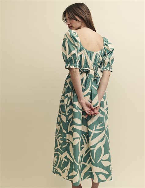 Green Leaf Print Ginger Smock Midi Dress