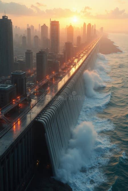 retractable sea walls protecting coastal metropolis stock illustration