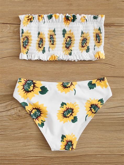 Girls Sunflower Print Smocked Bandeau Bikini Swimsuit Swimsuits