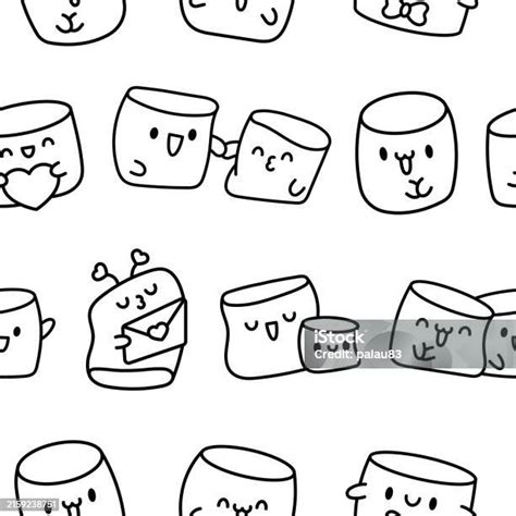 Kawaii Marshmallow Cute Face Character Seamless Pattern Coloring Page