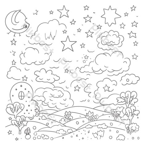 Outline Sketch Night Time Coloring Page With Stars And Clouds Drawing Vector Png Images Png