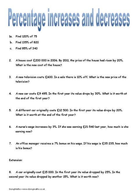 Decrease A Number By A Percentage Worksheet Answers Examples