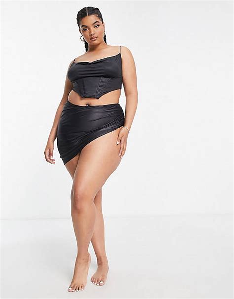 Asos Luxe Curve Korset Bikini Van Satijn In Zwart Asos