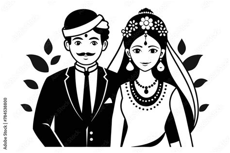 wedding Indian couple clipart black and white on white background Stock ...