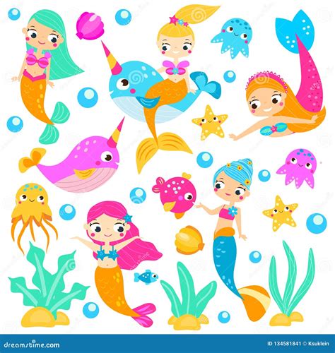 Cute Mermaids. Cartoon Mermaid, Narwhals, Fishes and Other Underwater Characters Stock Vector ...