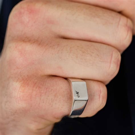 Initial Silver Signet Ring Mens Square Ring Custom Engraved Etsy