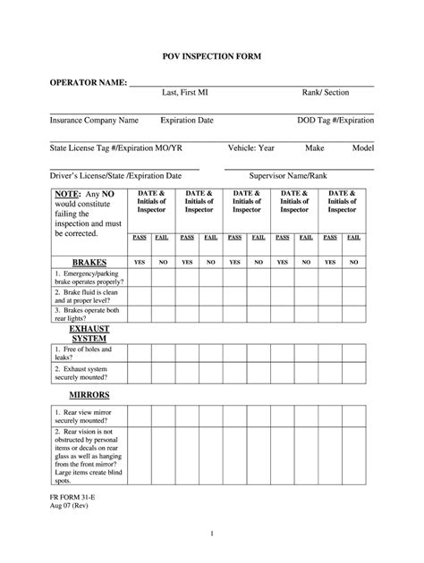 Army Vehicle Inspection Form Fillable Printable Pdf And Forms