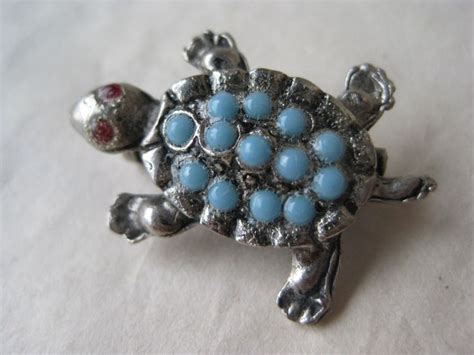 Turtle Brooch Turquoise Rhinestone Red Silver Vintage Pin Tortoise By