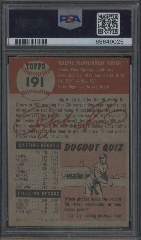 1953 Topps 191 Ralph Kiner Pittsburgh Pirates HOF PSA 4 VG EX EBay