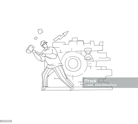 Man Destroy Brick Wall Outline Vector Drawing Stock Illustration