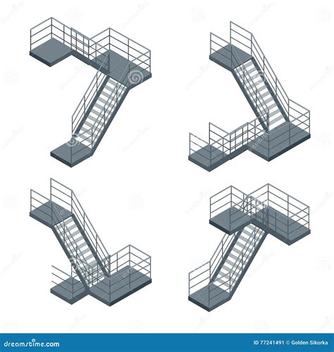 Isometric Staircase Vector Set Of Various Metallic Staircase On The