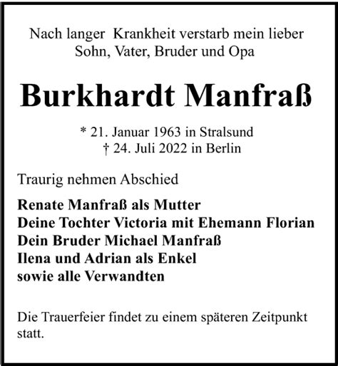 Traueranzeigen von Burkhardt Manfraß trauer anzeigen de